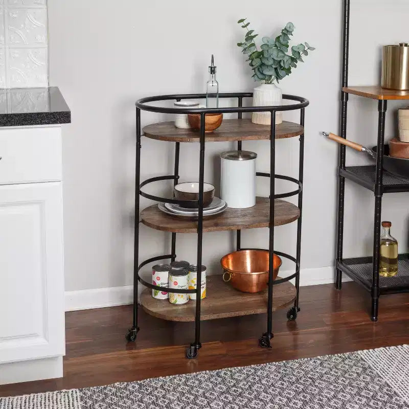 Honey-Can-Do 3 Tier Oval Bar Cart Walnut: Indoor Serving Drink Cart with Steel Frame, Fixed Shelves, 34.8" Height