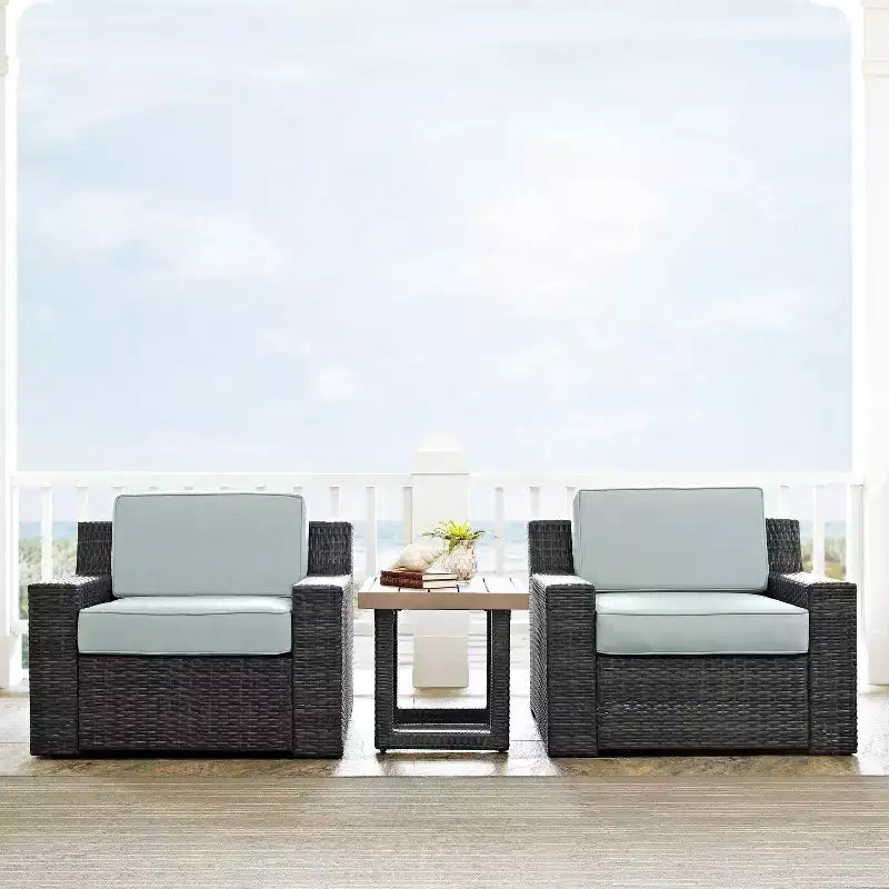 Beaufort 3pc Outdoor Wicker Seating Set with Side Table - Mist - Crosley: Weather-Resistant, UV-Protected Patio Ensemble