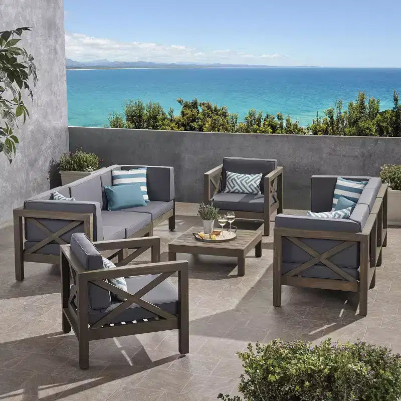 Brava 9pc Acacia Wood Sofa & Club Chair Set - Gray/Dark Gray - Christopher Knight Home