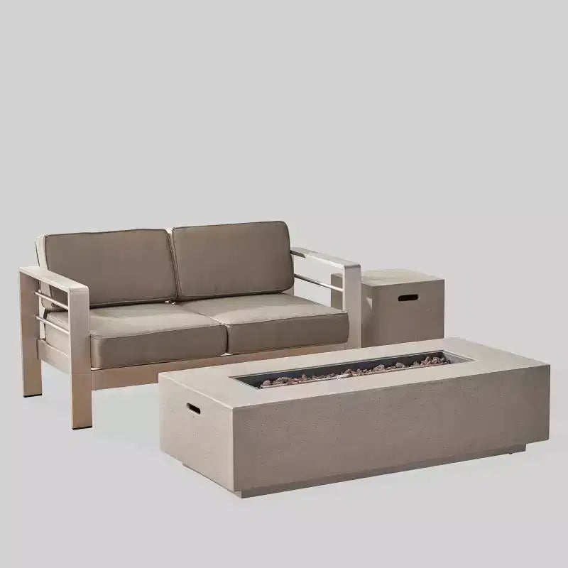 Set da 3 pezzi con tavolo da fuoco rettangolare in alluminio e MGO Cape Coral - grigio chiaro - Christopher Knight Home