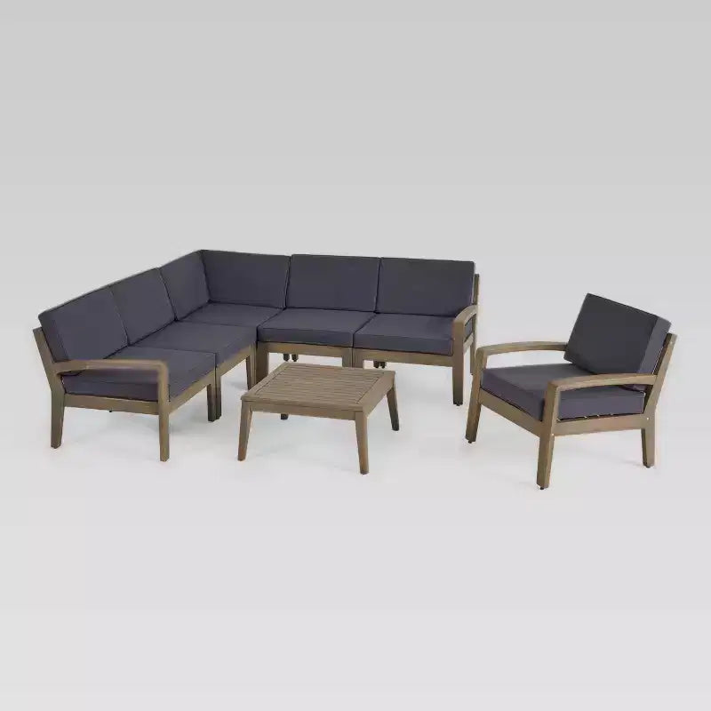 Grenada 7-teiliges Ecksofa-Set aus Akazienholz – Grau/Dunkelgrau – Christopher Knight Home