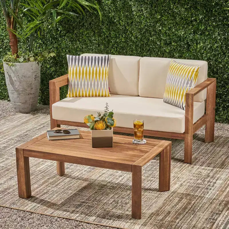 2pc Genser Wooden Patio Loveseat and Coffee Table Set Brown - Christopher Knight Home: Acacia Outdoor Seating Set with Cushions