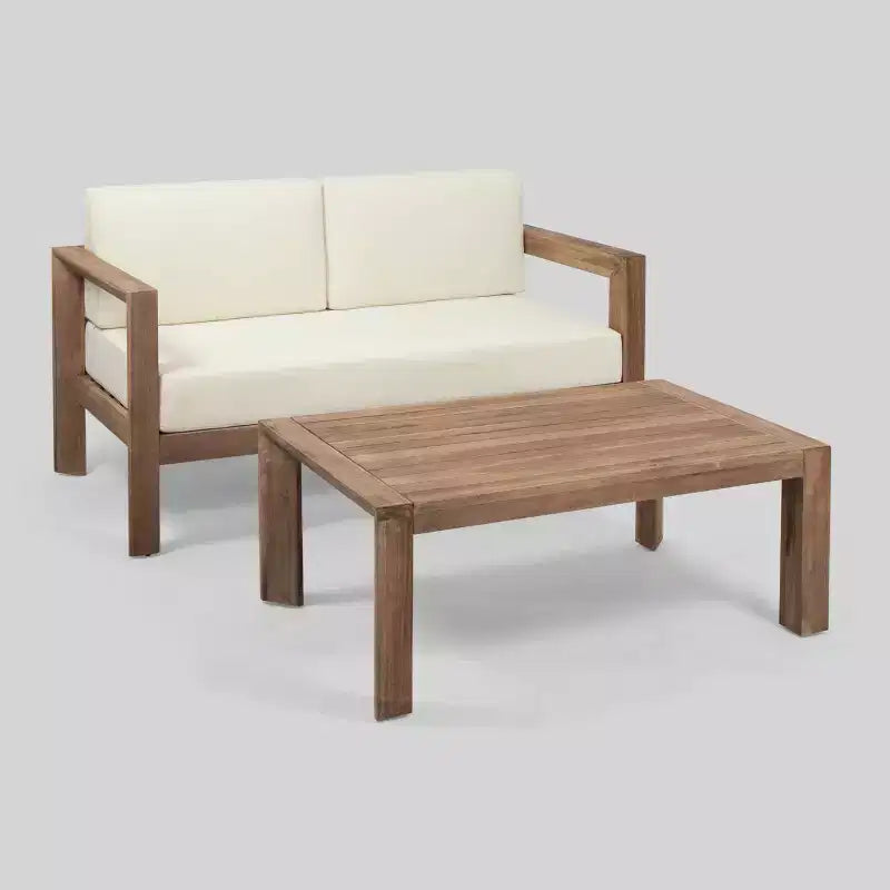 Ensemble 2 pièces Genser pour terrasse, comprenant une causeuse en bois et une table basse, marron - Christopher Knight Home : ensemble de sièges d’extérieur en acacia avec coussins
