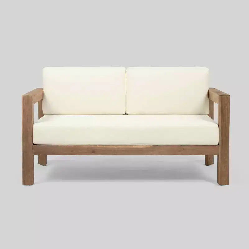 Ensemble 2 pièces Genser pour terrasse, comprenant une causeuse en bois et une table basse, marron - Christopher Knight Home : ensemble de sièges d’extérieur en acacia avec coussins
