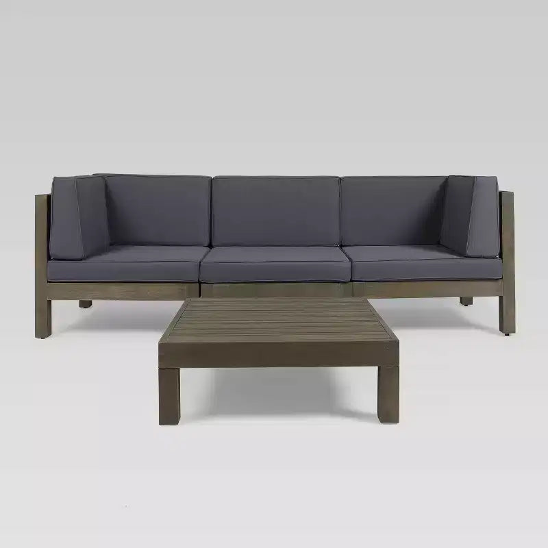 Brava 4-teiliges modulares Sofa- und Tischset aus Akazienholz: Wetterbeständig, mit gekreuzter Rückenlehne – Christopher Knight Home