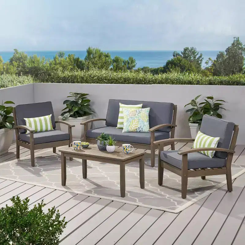 Peyton 4pc Acacia Wood Seating Set Gray/Dark Gray - Christopher Knight Home: Outdoor Conversation Furniture, Weather-Resistant Cushions