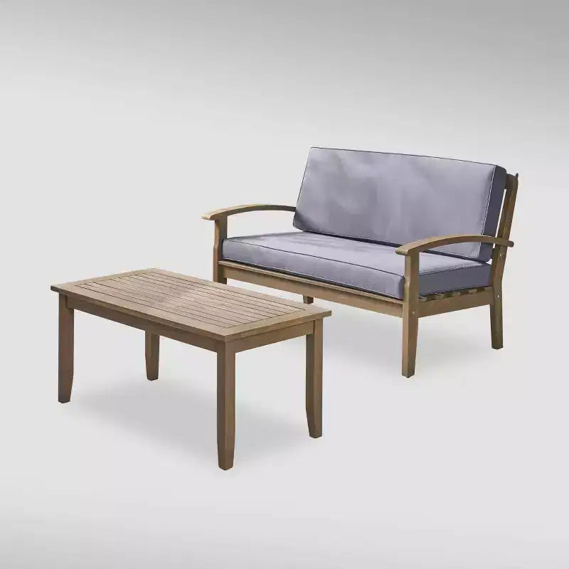Set Christopher Knight Home Peyton da 2 pezzi con divanetto e tavolino da caffè in legno di acacia: cuscini in poliestere resistenti agli agenti atmosferici