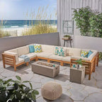 Oana 10pc Acacia Wood U-Shaped Sectional Sofa with Fire Pit Set - Teak/Beige - Christopher Knight Home: Modular Outdoor Seating