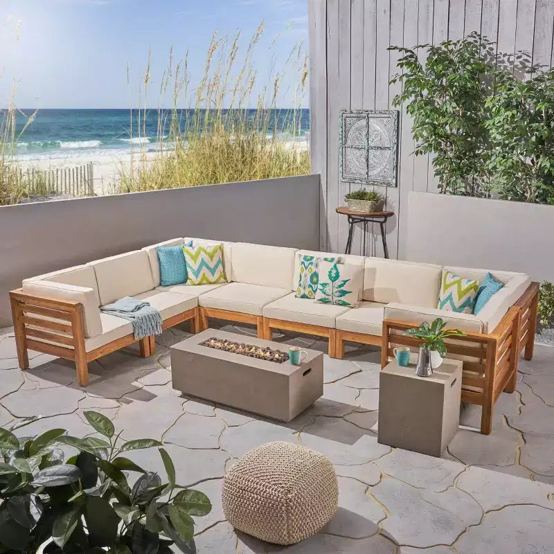 Oana 10pc Acacia Wood U-Shaped Sectional Sofa with Fire Pit Set - Teak/Beige - Christopher Knight Home: Modular Outdoor Seating
