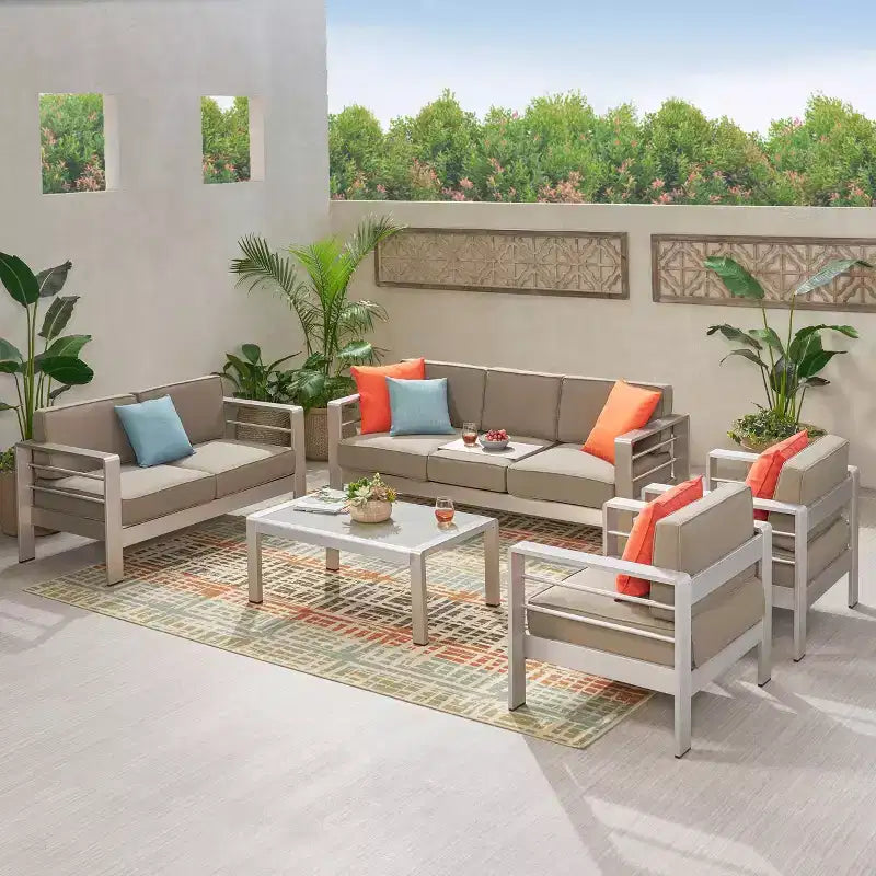 Cape Coral 5pc Aluminum Patio Sofa Set Silver/Khaki - Christopher Knight Home