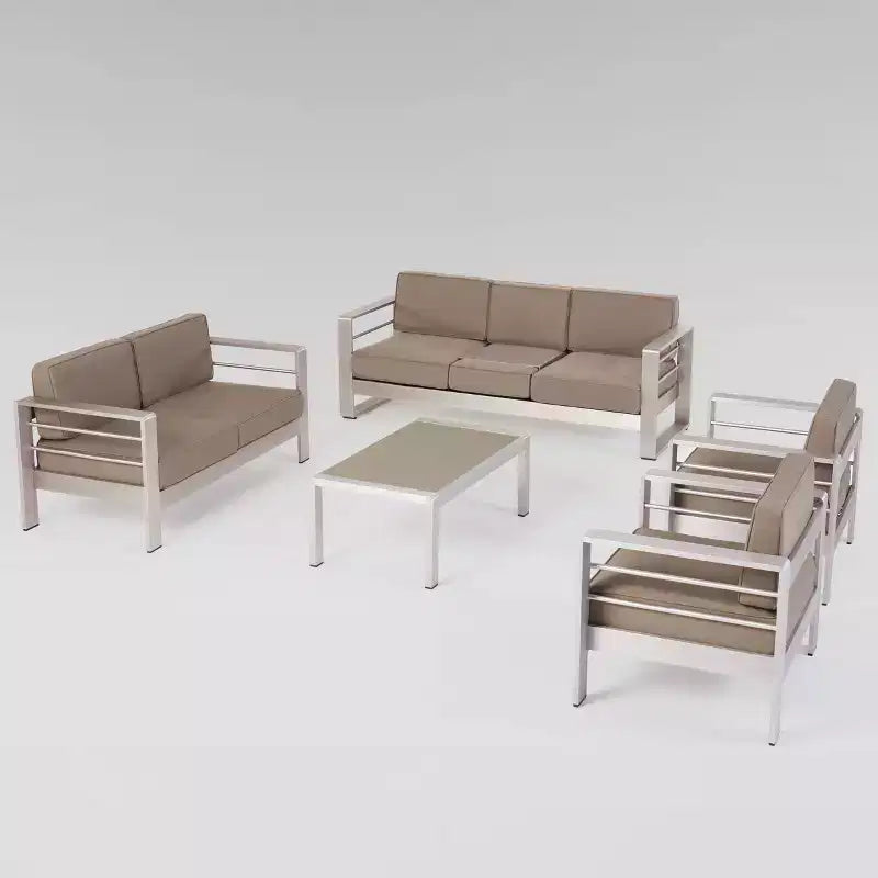 Cape-Coral-5-teiliges-Aluminium-Sofaset für die Terrasse, Silber/Khaki – Christopher Knight Home