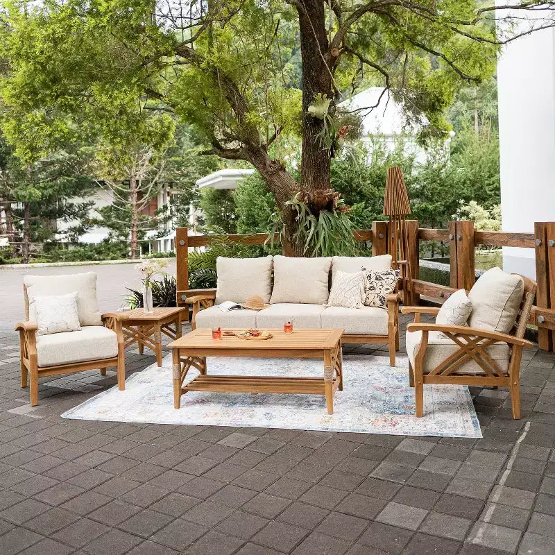 Sonoma Lane Eola 5pc Teak Outdoor Patio Conversation Set with Tan Zippered Cushions – Weather-Resistant