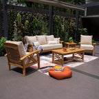 Conjunto de conversación de 5 piezas para patio exterior de teca Eola de Sonoma Lane, con cojines marrones con cremallera – Resistente a la intemperie