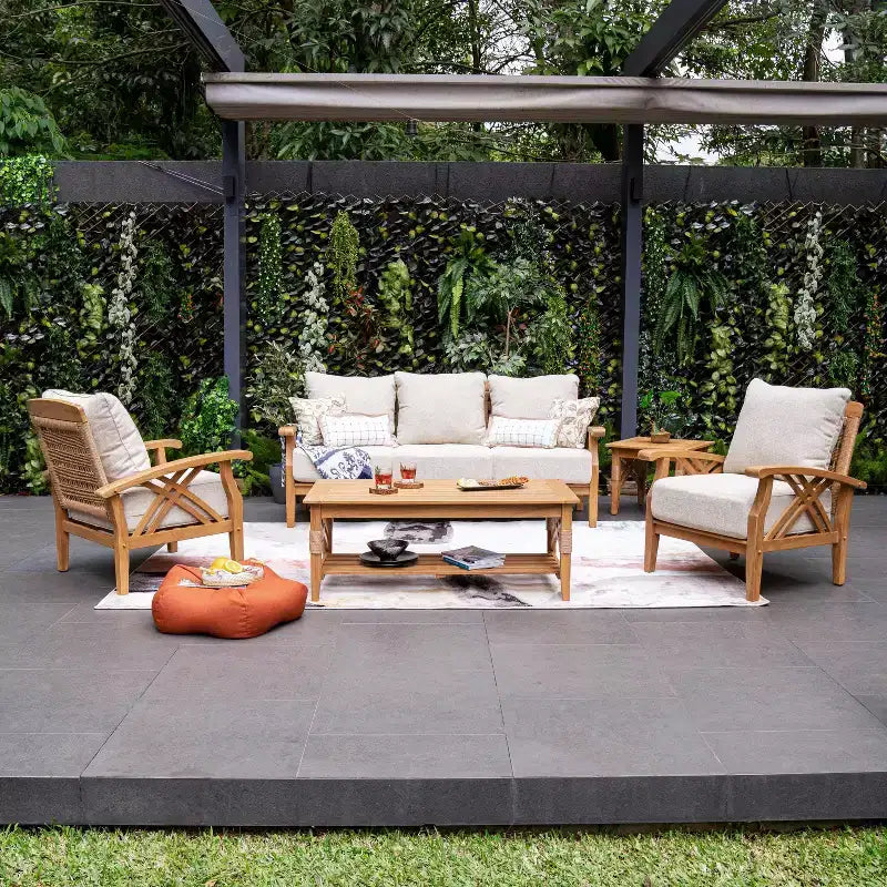 Conjunto de conversación de 5 piezas para patio exterior de teca Eola de Sonoma Lane, con cojines marrones con cremallera – Resistente a la intemperie