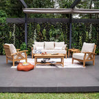 Conjunto de conversación de 5 piezas para patio exterior de teca Eola de Sonoma Lane, con cojines marrones con cremallera – Resistente a la intemperie