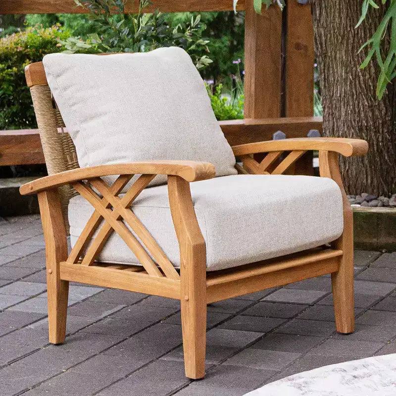 Conjunto de conversación de 5 piezas para patio exterior de teca Eola de Sonoma Lane, con cojines marrones con cremallera – Resistente a la intemperie
