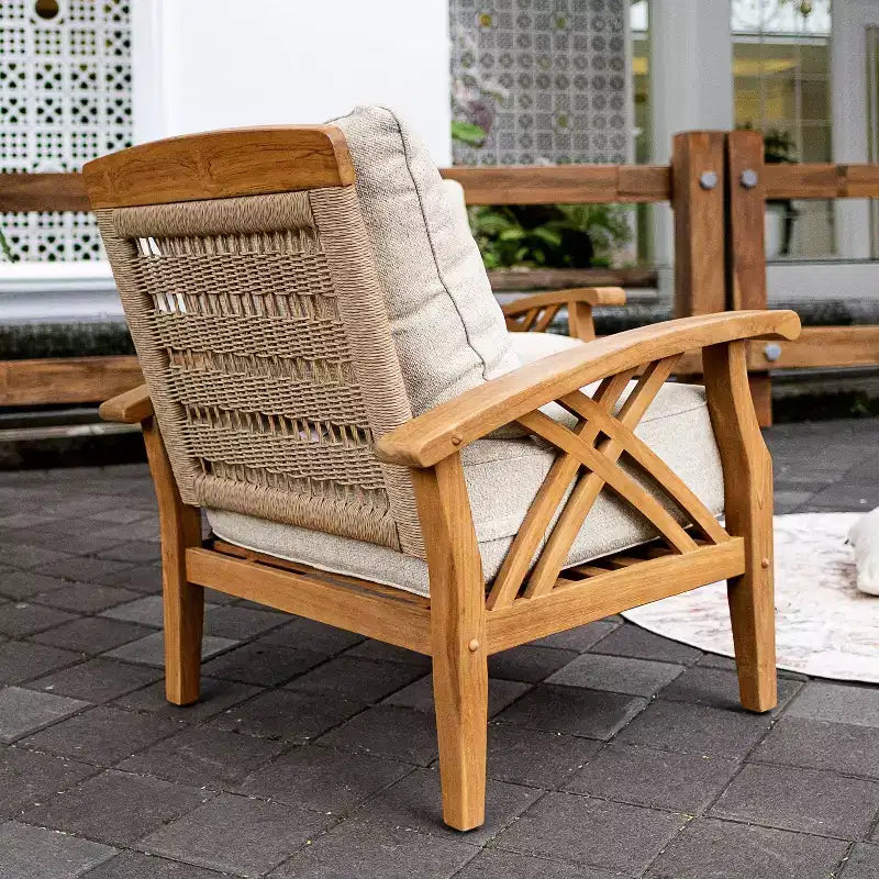 Conjunto de conversación de 5 piezas para patio exterior de teca Eola de Sonoma Lane, con cojines marrones con cremallera – Resistente a la intemperie