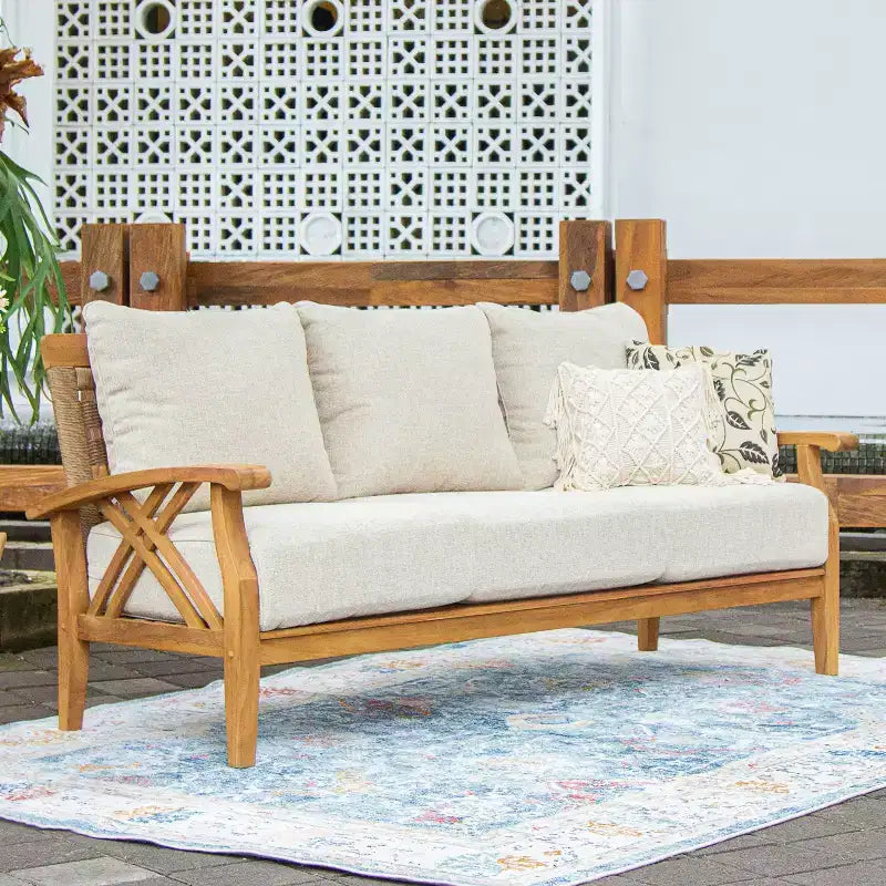 Conjunto de conversación de 5 piezas para patio exterior de teca Eola de Sonoma Lane, con cojines marrones con cremallera – Resistente a la intemperie