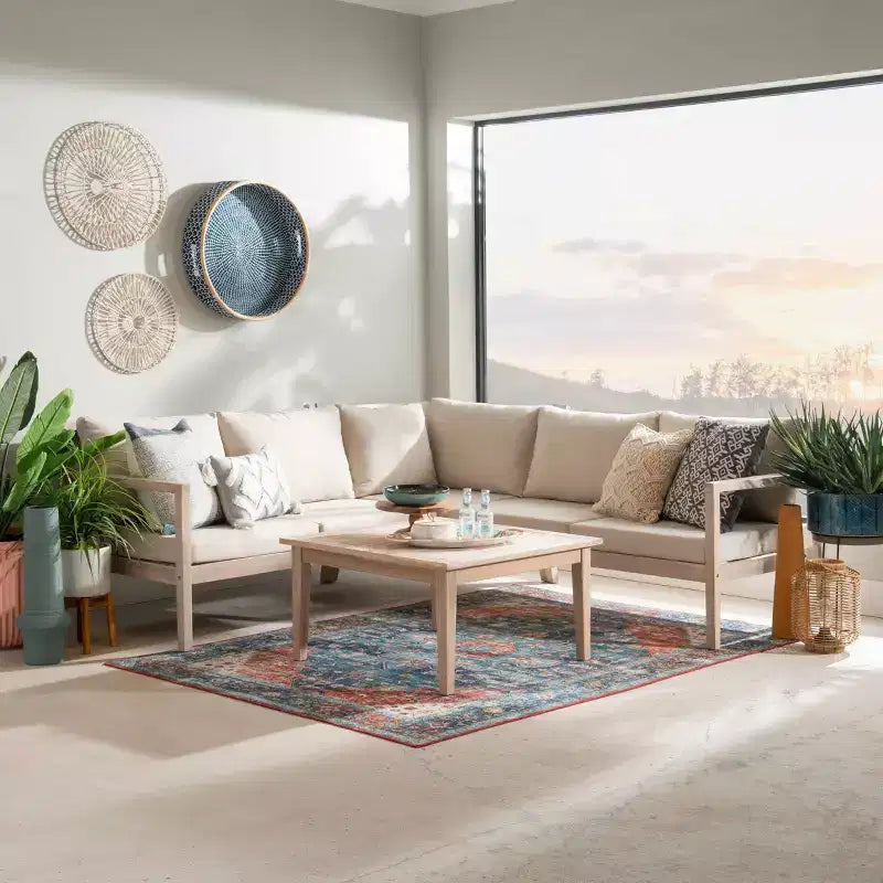 Linon 4-teiliges Melita-Akazienholz-Ecksofa- und Couchtisch-Set, Beige