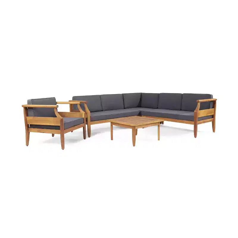 5pc Aston Outdoor Mid-Century Modern Acacia Wood Sectional Set with Club Chair Teak/Dark Gray - Christopher Knight Home