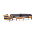 5pc Aston Outdoor Mid-Century Modern Acacia Wood Sectional Set with Club Chair Teak/Dark Gray - Christopher Knight Home