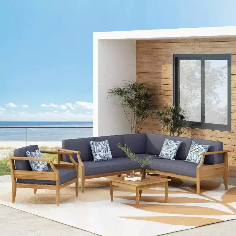 Ensemble modulable Aston 5 pièces en bois d’acacia, style moderne du milieu du siècle, avec fauteuil club, teck/gris foncé – Christopher Knight Home