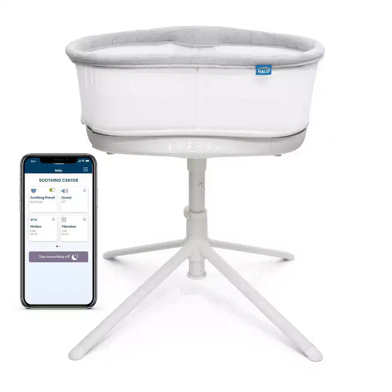 Berceau cododo pivotant connecté intelligent HALO BassiNest 3.0 pour bébé, gris : hauteur réglable, rotation à 360 degrés, vibrations, sons et berceuses