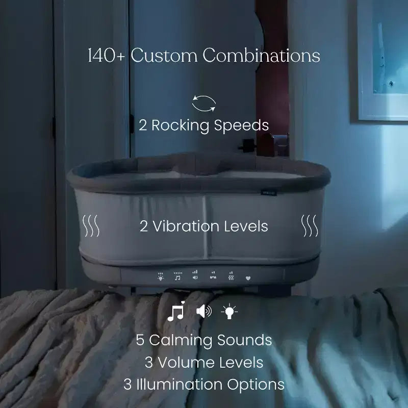 Berceau cododo pivotant connecté intelligent HALO BassiNest 3.0 pour bébé, gris : hauteur réglable, rotation à 360 degrés, vibrations, sons et berceuses