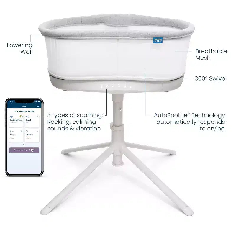 Berceau cododo pivotant connecté intelligent HALO BassiNest 3.0 pour bébé, gris : hauteur réglable, rotation à 360 degrés, vibrations, sons et berceuses