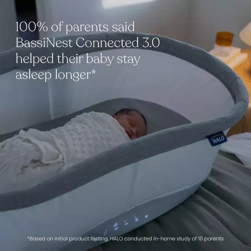 Berceau cododo pivotant connecté intelligent HALO BassiNest 3.0 pour bébé, gris : hauteur réglable, rotation à 360 degrés, vibrations, sons et berceuses