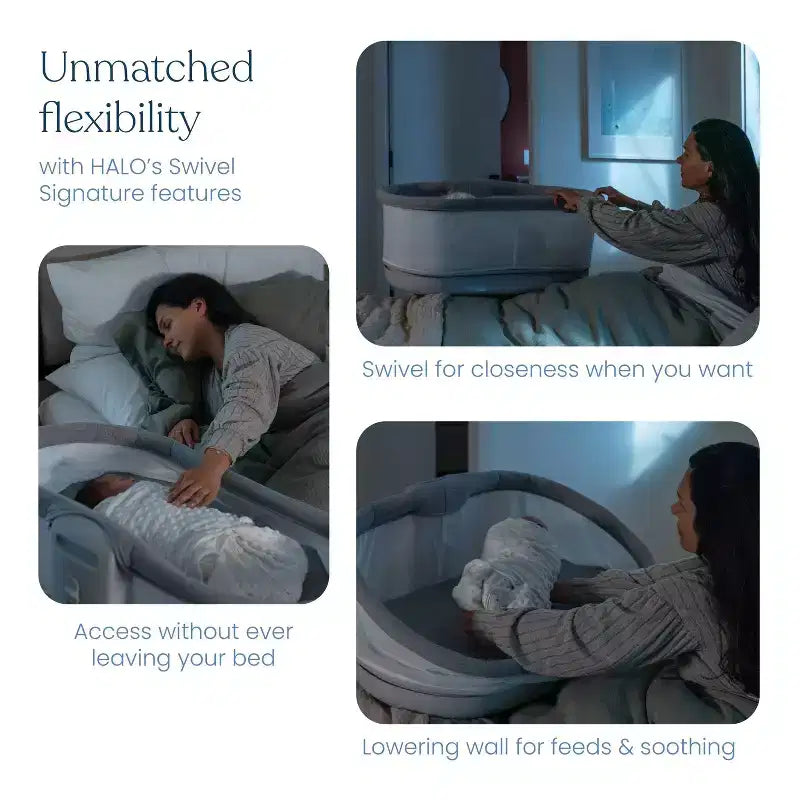 Berceau cododo pivotant connecté intelligent HALO BassiNest 3.0 pour bébé, gris : hauteur réglable, rotation à 360 degrés, vibrations, sons et berceuses
