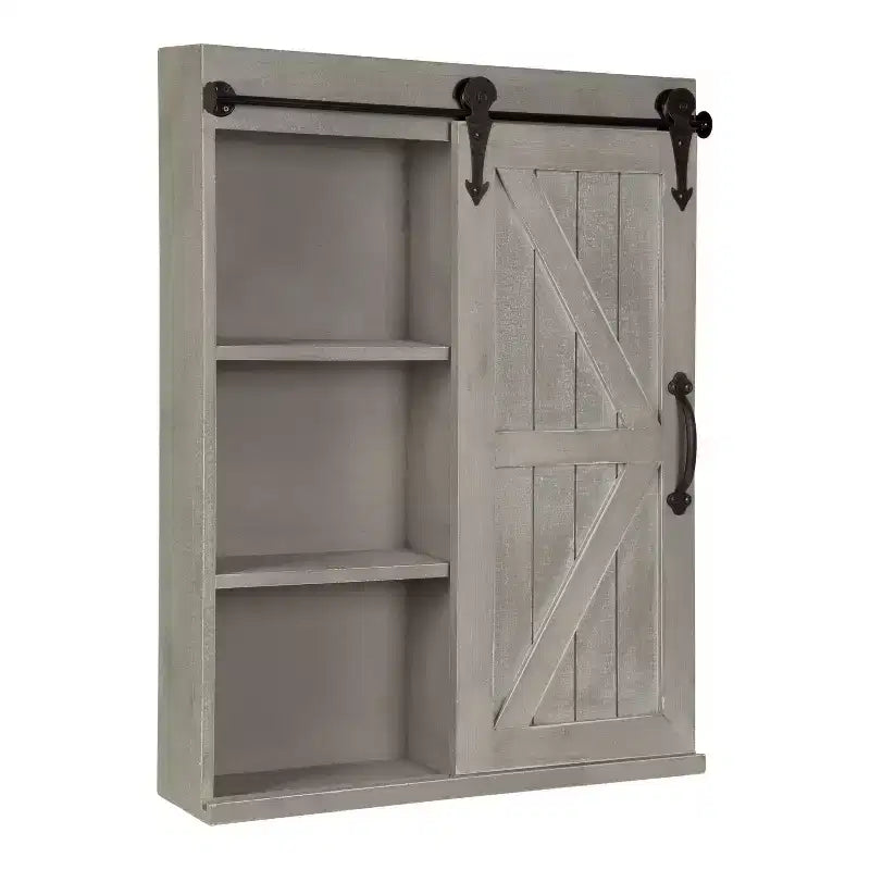 Dekoratív fa fali tárolószekrény rusztikus szürke kivitelben, fali tükörrel – Kate & Laurel All Things Decor: 3 szintes lebegőpolc, összeszerelés nélkül