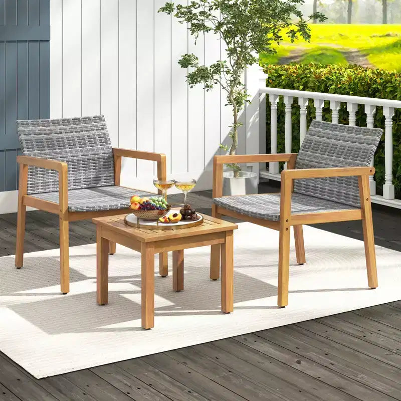Costway 3 PCS Outdoor Furniture Set, Acacia Wood Frame Sofa Set with Rattan Seat