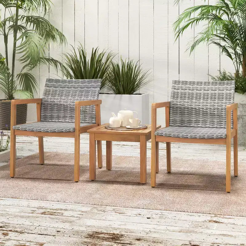 Costway 3-delige tuinmeubelset voor buiten, bankset met acaciahouten frame en rotanzitting