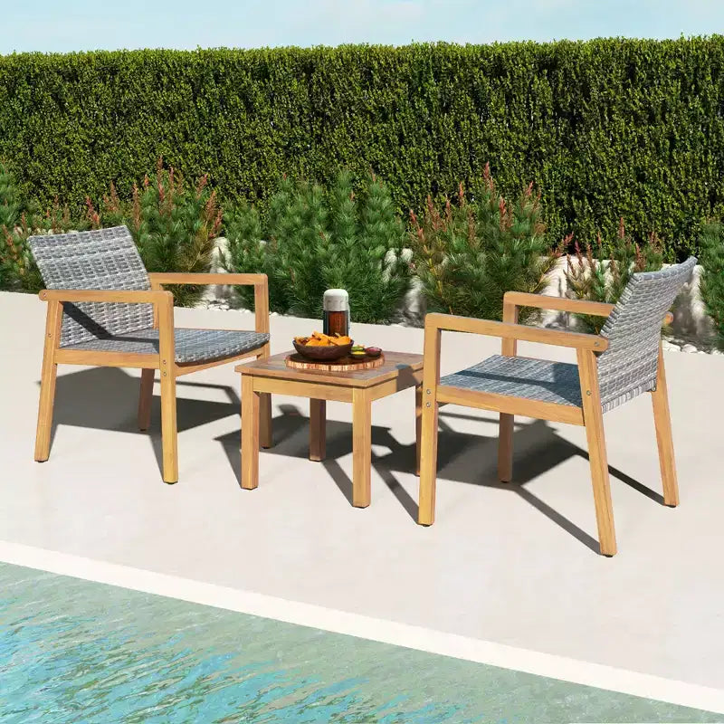 Costway 3-delige tuinmeubelset voor buiten, bankset met acaciahouten frame en rotanzitting