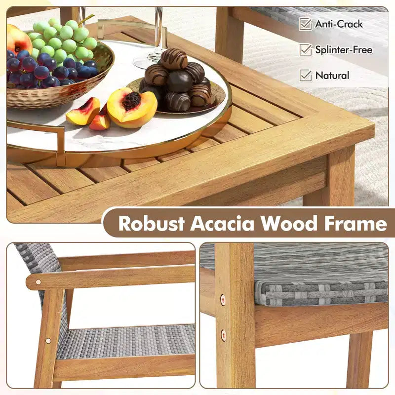 Costway 3-delige tuinmeubelset voor buiten, bankset met acaciahouten frame en rotanzitting