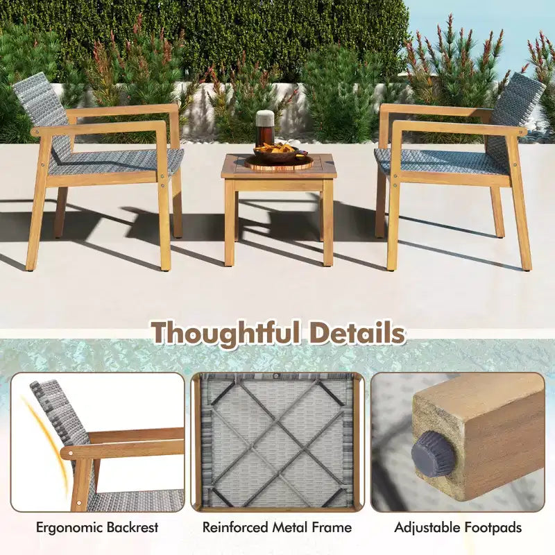 Costway 3-delige tuinmeubelset voor buiten, bankset met acaciahouten frame en rotanzitting