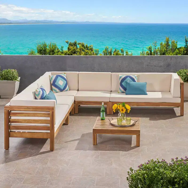 Christopher Knight Home Cascada Outdoor Acacia Wood 7 Seater Sectional Sofa Chat Set with Cushions