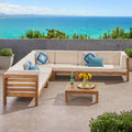 Christopher Knight Home Cascada Outdoor Acacia Wood 7 Seater Sectional Sofa Chat Set with Cushions