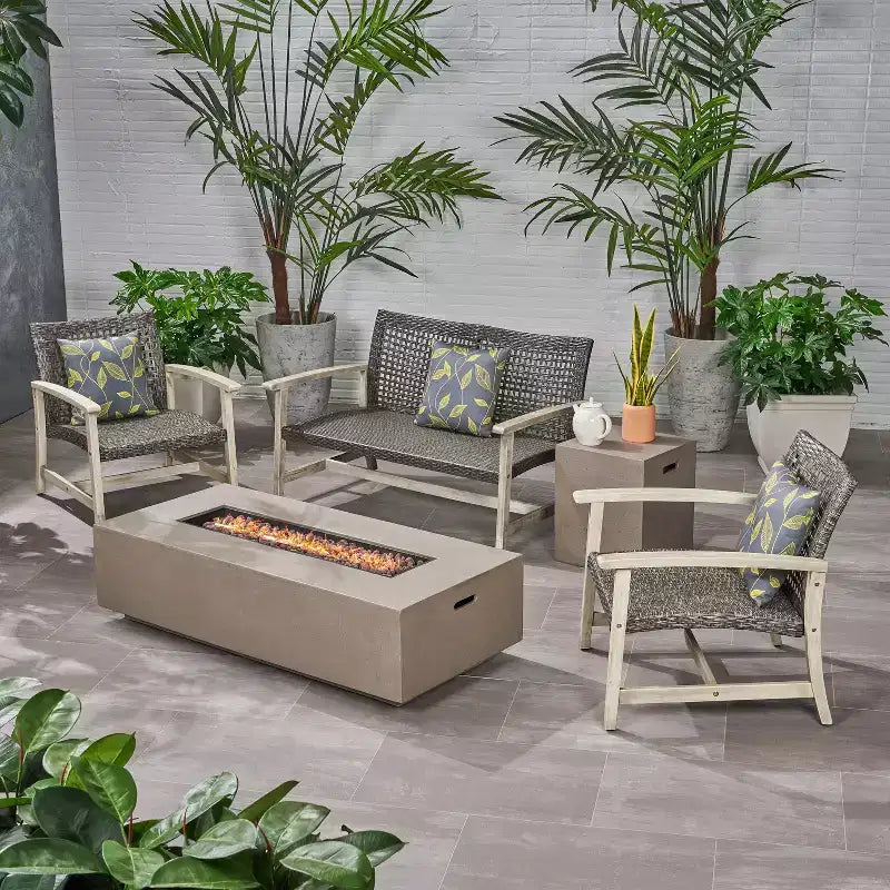 Juego de conversación de exterior para 4 personas Christopher Knight Home Augusta, de madera de acacia y mimbre, con fogón