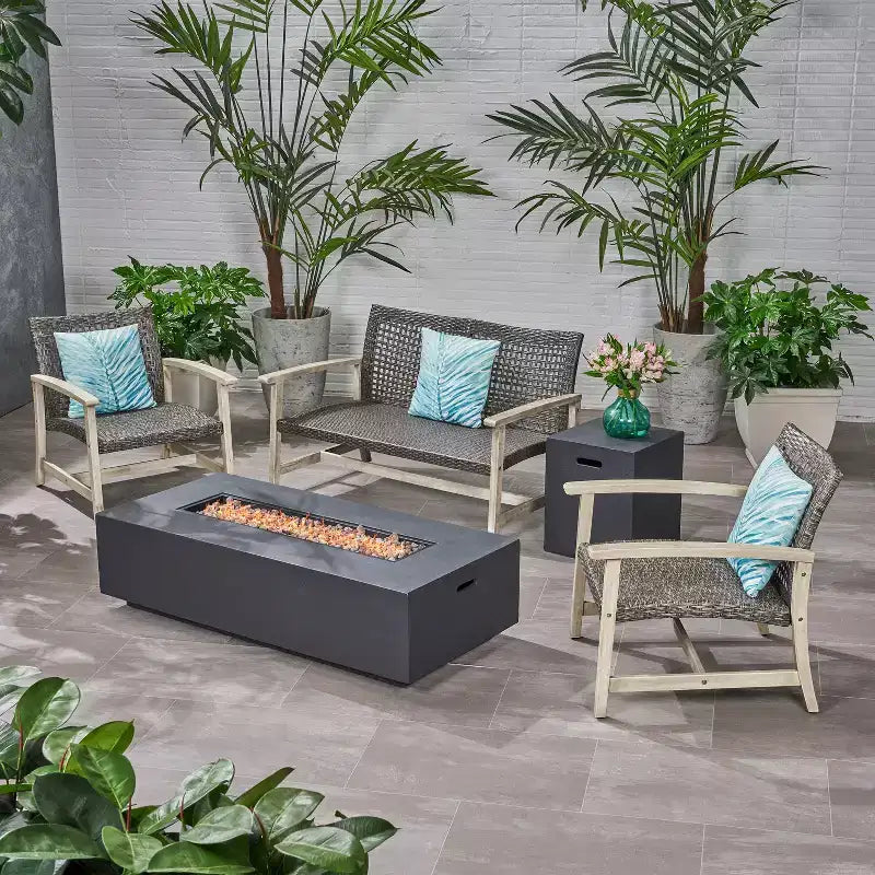 Juego de conversación de exterior para 4 personas Christopher Knight Home Augusta, de madera de acacia y mimbre, con fogón