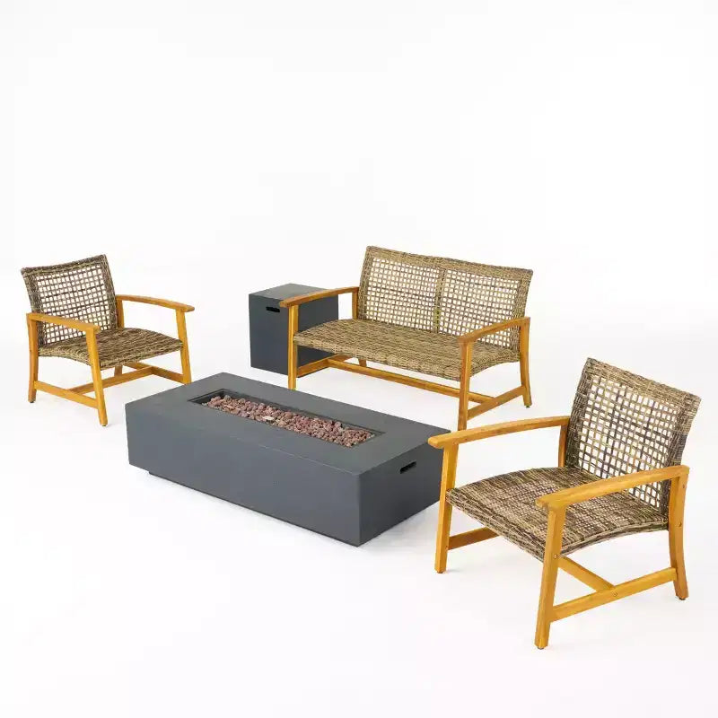 Juego de conversación de exterior para 4 personas Christopher Knight Home Augusta, de madera de acacia y mimbre, con fogón