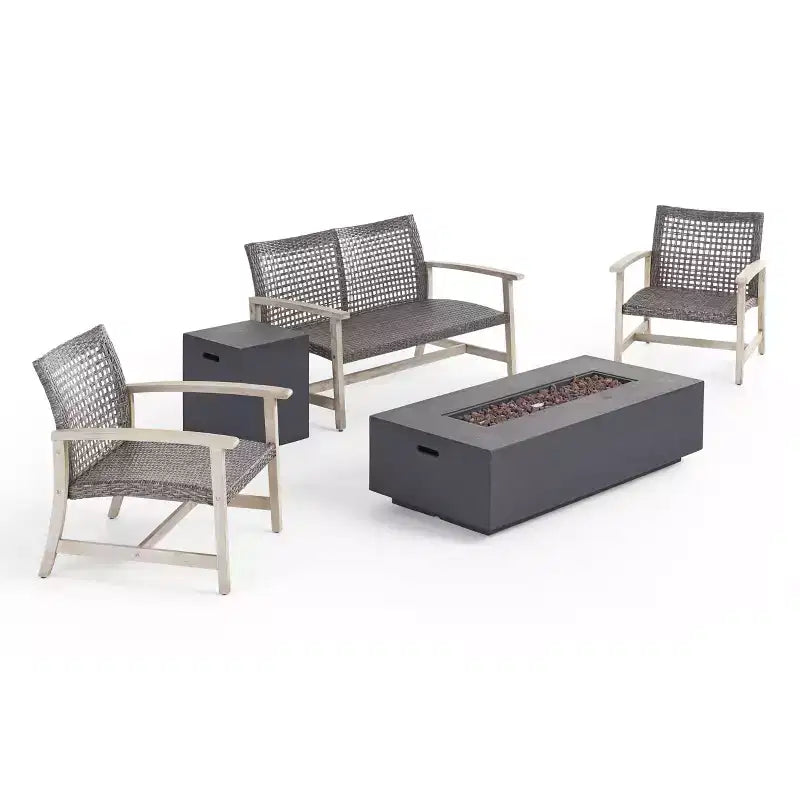 Christopher Knight Home Augusta Outdoor Acacia Wood and Wicker 4 Seater Chat Set with Fire Pit