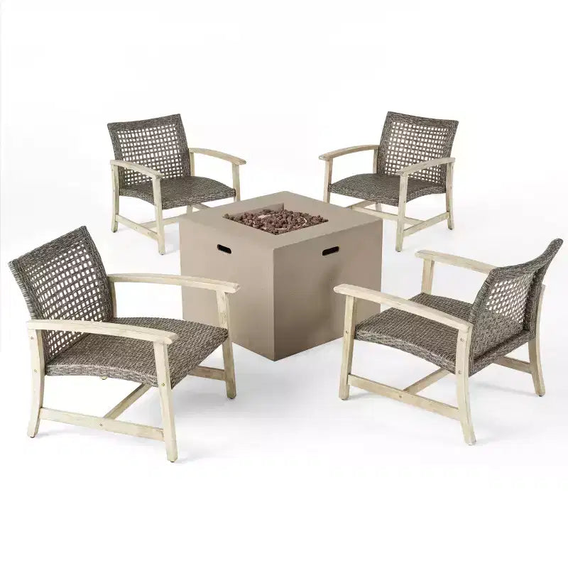 Christopher Knight Home Augusta 5-delige set voor buiten met clubfauteuil en vuurtafel van acaciahout en wicker