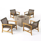 Christopher Knight Home Augusta 5-delige set voor buiten met clubfauteuil en vuurtafel van acaciahout en wicker