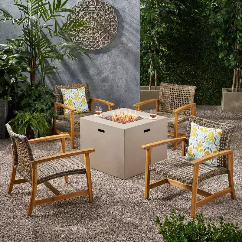 Christopher Knight Home Augusta Outdoor Acacia Wood and Wicker 5 Piece Club Chair and Fire Pit Set