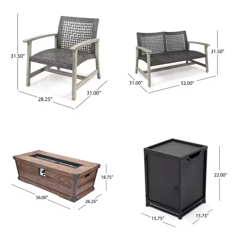 Ensemble de conversation d'extérieur GDFStudio Savannah pour 4 personnes, en bois d'acacia et résine tressée, avec brasero de 50,000BTU