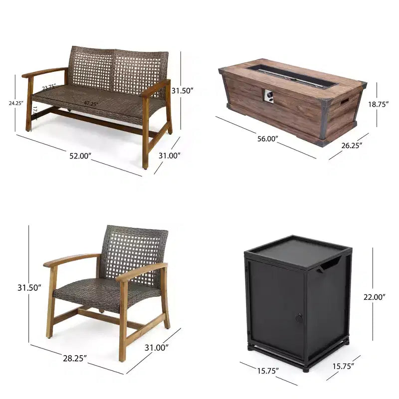 Ensemble de conversation d'extérieur GDFStudio Savannah pour 4 personnes, en bois d'acacia et résine tressée, avec brasero de 50,000BTU