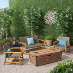 GDFStudio Savannah Outdoor Acacia Wood and Wicker 4 Seater Chat Set with 50,000BTU Fire Pit
