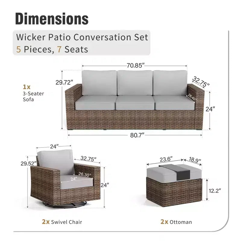Captiva Designs 5-delige loungeset van wicker voor buiten, met voetenbank voor achtertuin, terras en zwembad